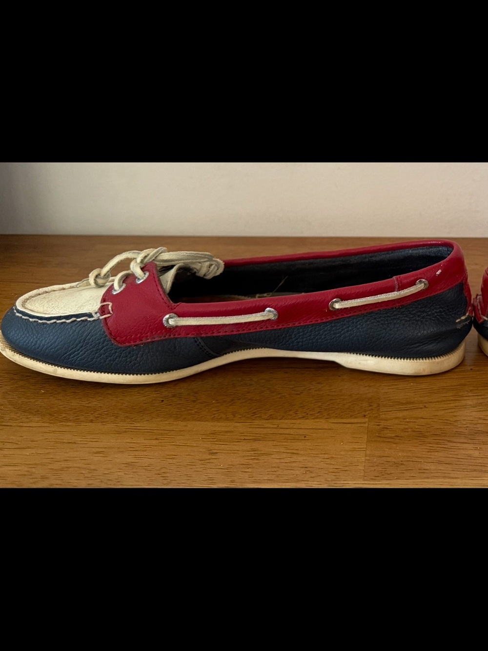 Sperry Tri-Color Leather Boat Shoe in Navy, Red, and Cream